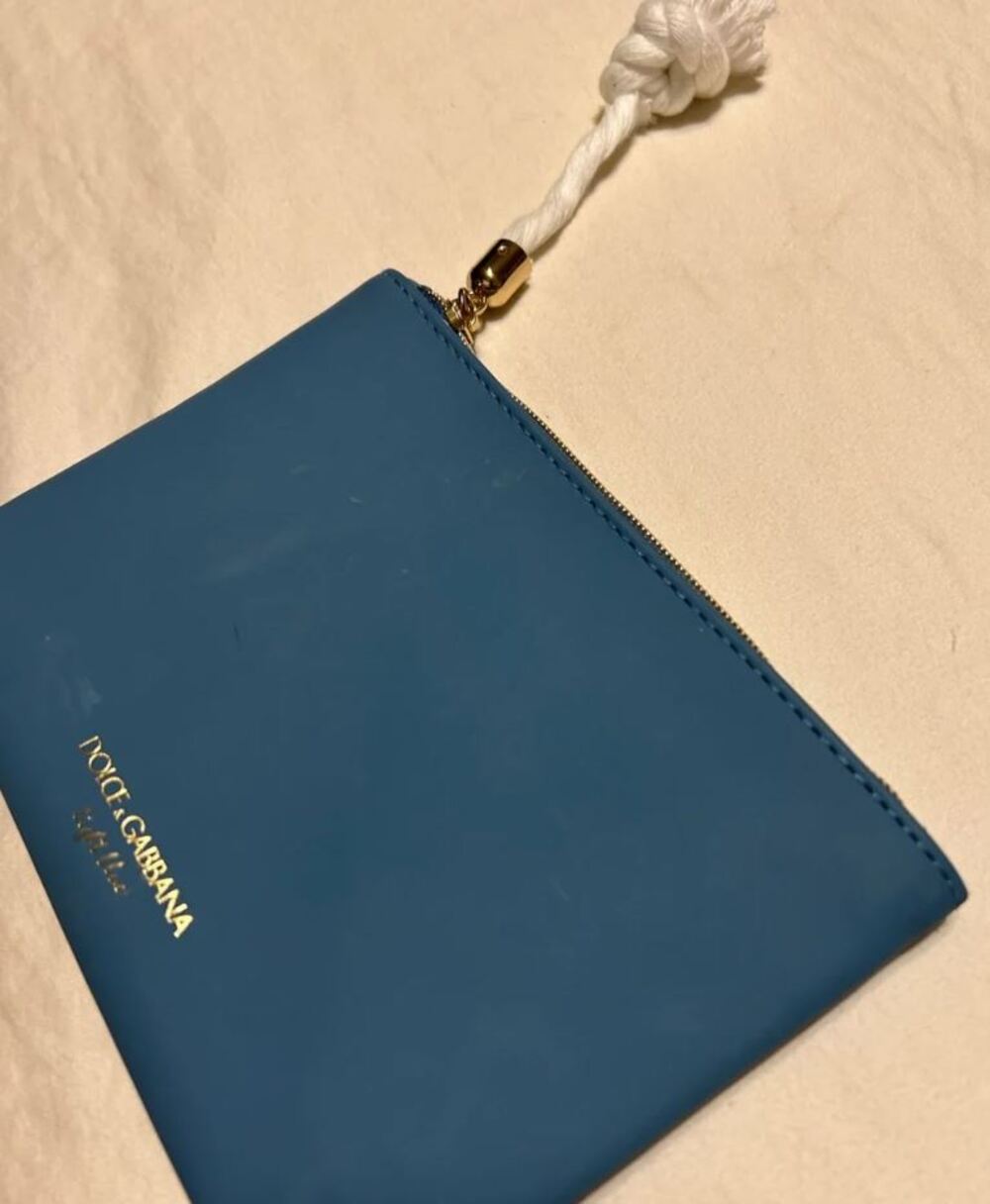 Dolce Gabbana LIGHT BLUE POUCH Zip Gold Logo Wristlet Cosmetic Bag